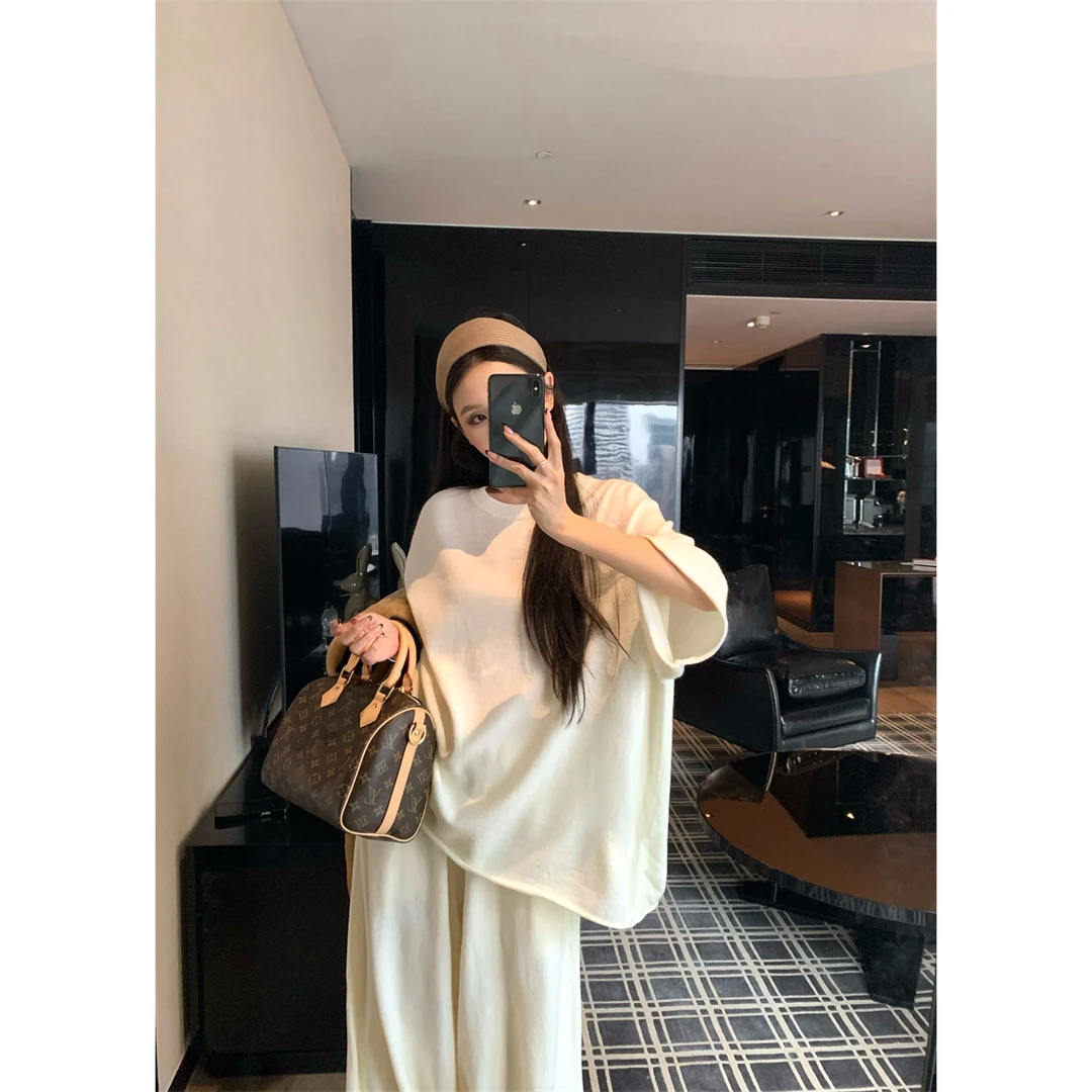 机场私服极简休闲针织圆领T恤时尚网红秋冬休闲裤套装#66518