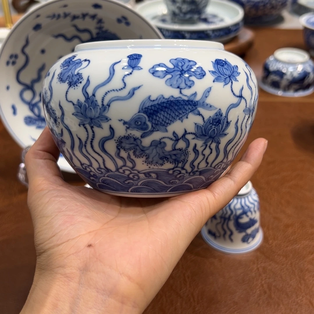 水洗青花鱼藻纹水洗纯手工