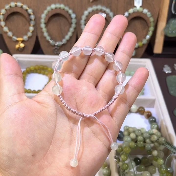 未镶嵌蛇纹石玉手串卡8手工编织手链粉色绳