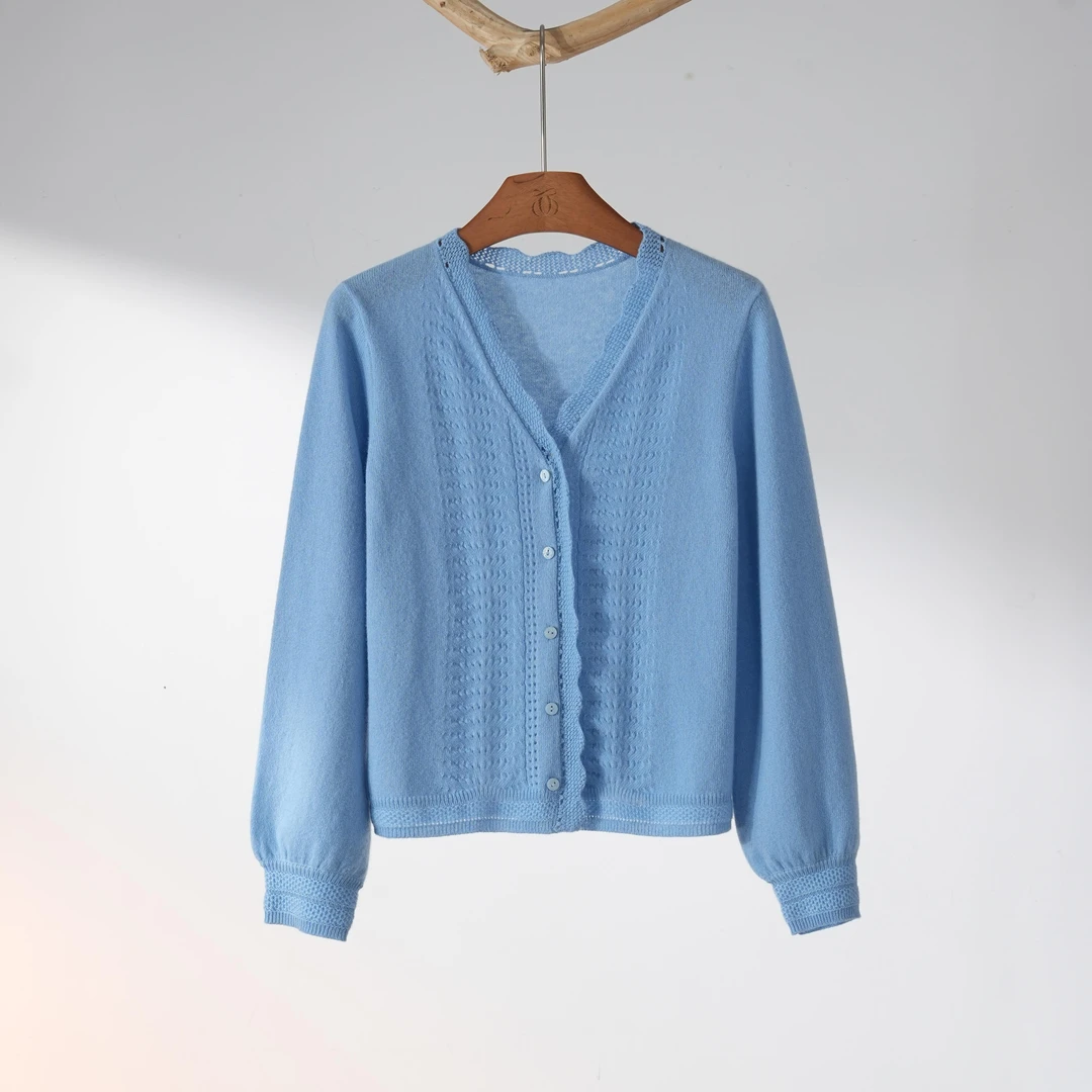 西子/【婴空海蓝】慵懒镂空羊毛钩花V领针织蓝色开衫/MSXS146