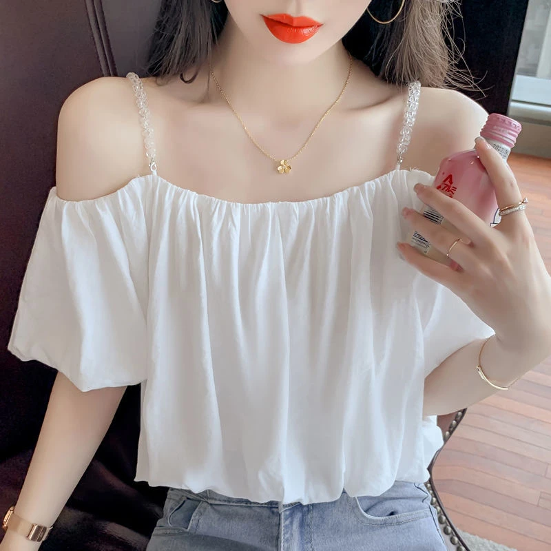 一字肩超仙雪纺衫女夏薄款2025新款漂亮洋气小衫短袖别致吊带上衣