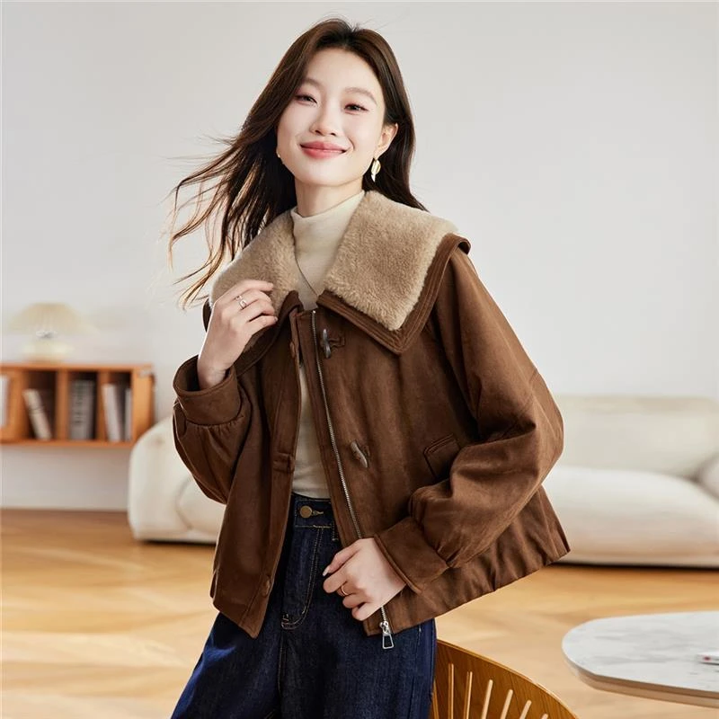 羊羔毛大翻领棉服女2025冬季新款美拉德麂皮绒爆款棉衣洋气短外套