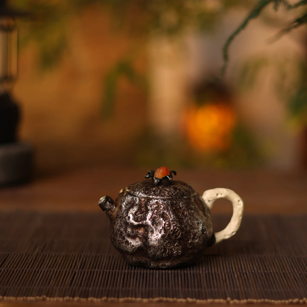 【夷嘉茗友】纯银手工石榴银壶，手工茶壶