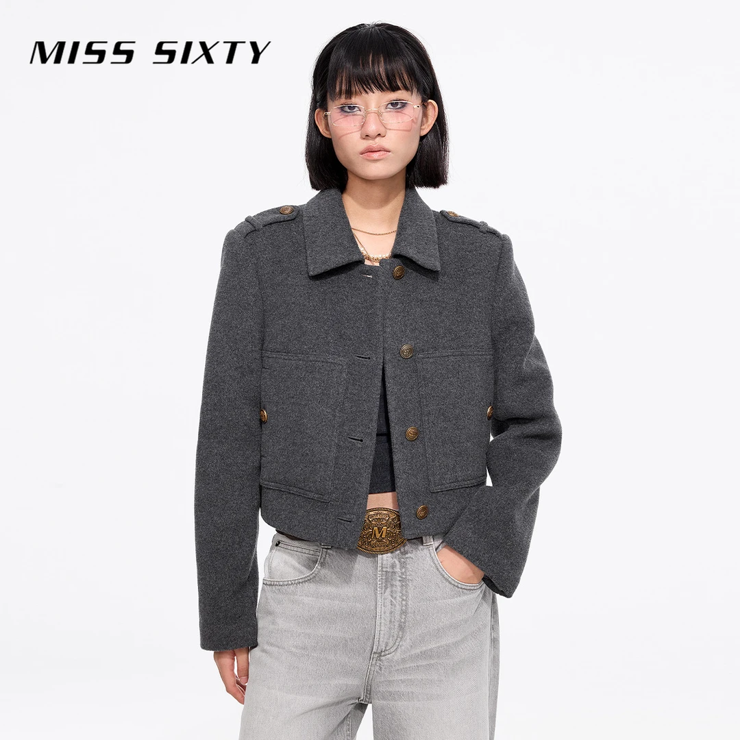 Miss Sixty2025春季新款呢料外套女复古翻领格雷系穿搭短款高智感