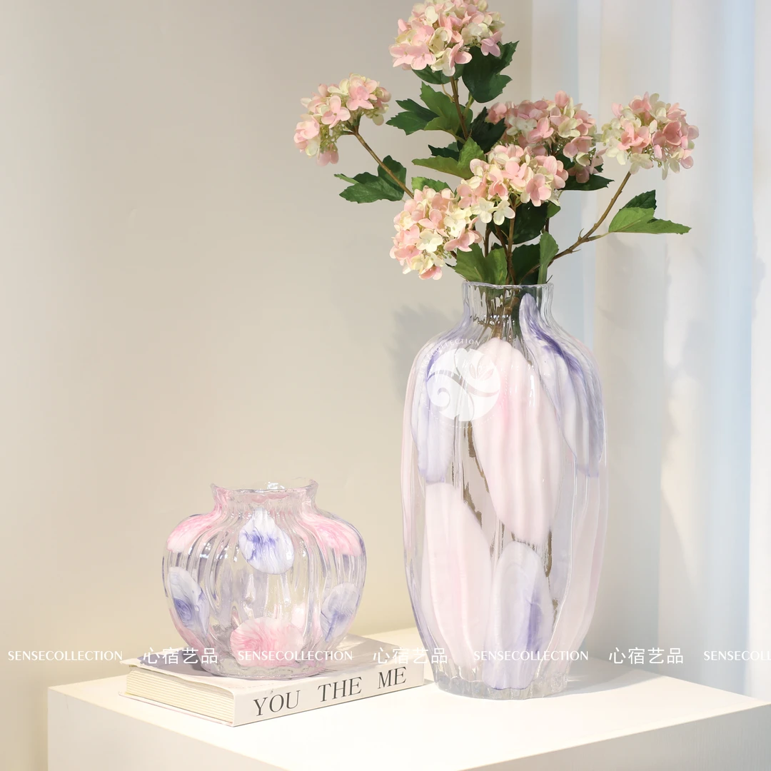 简约现代透明琉璃艺术大肚插花器餐桌装饰摆件北欧风波点贝壳花瓶