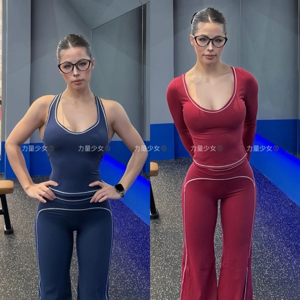 力量少女—高智感鸡心领聚拢撞色带胸垫健身磨毛长袖直筒裤套装