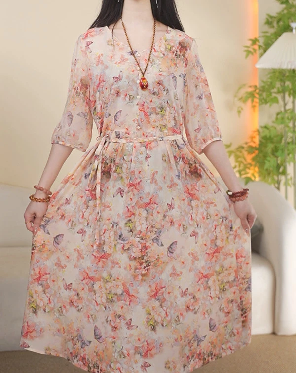 2025夏季新款时尚V领收腰七分袖气质显瘦女士连衣裙#8810