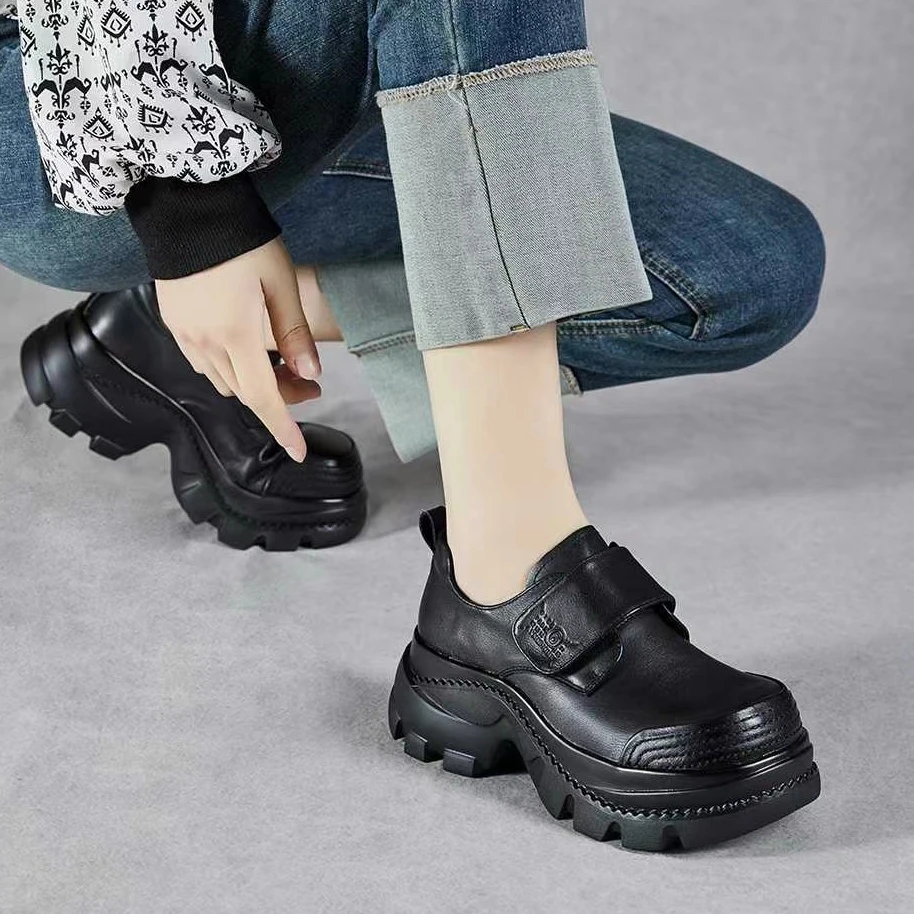 25758春季新品复古时尚牛皮松糕厚底舒适百搭低邦圆头女士休闲鞋