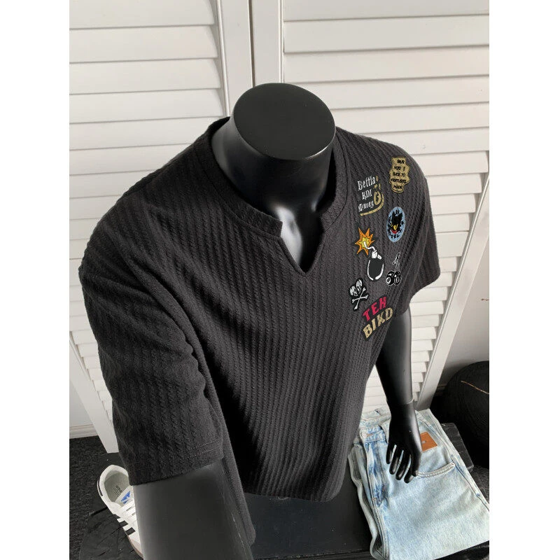 美式高街肌理v领重磅短袖t恤男款夏季hiphop潮牌痞帅宽松五分半袖