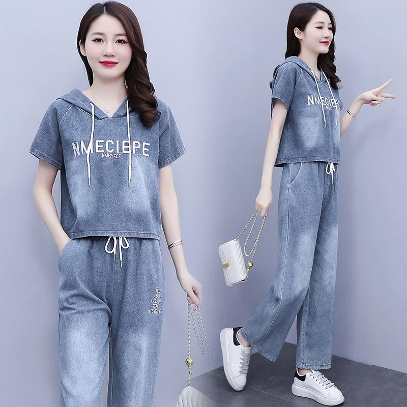 夏天牛仔阔腿裤外套套装韩版大码时尚两件套休闲绣花洋气显瘦穿搭