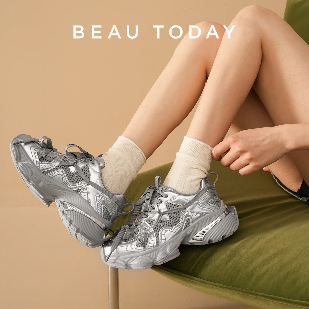 BeauToday【时尚增高】真皮银色老爹鞋厚底运动鞋休闲鞋减震轻便