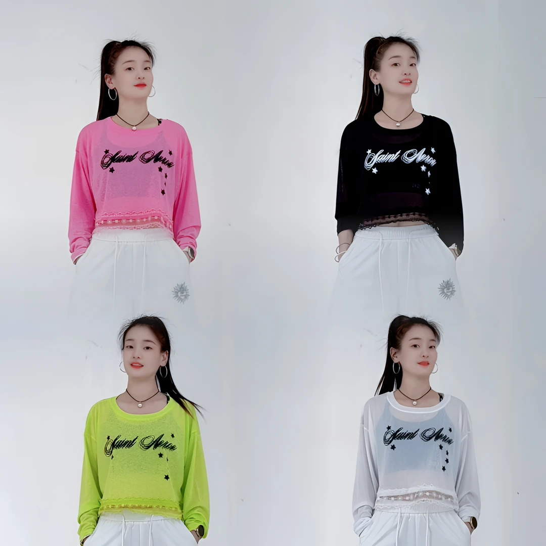 新款【599款竹节冰丝拼接蕾丝体恤】时尚休闲微透