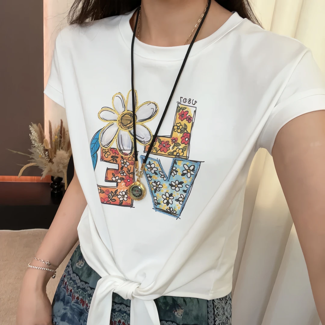 浮力 只出不进 夏季休闲印花短袖T恤上衣女 DX1252