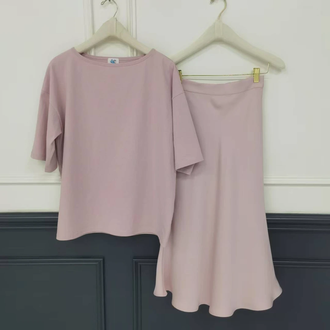 【壁虎姐】GECKO2025夏季新款 肉粉色薄款圆领T恤 鱼尾半裙套装