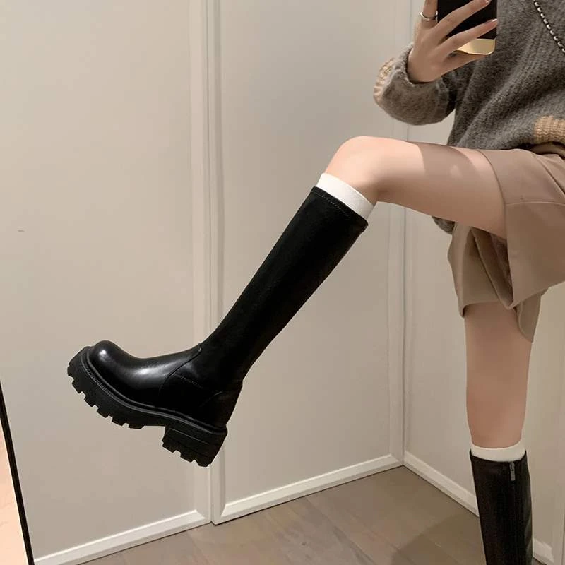 显腿长~小个子厚底增高长筒靴不过膝女秋冬加绒骑士靴弹力瘦瘦靴