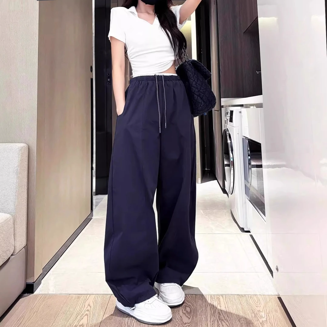 美式防晒速干裤女夏季2025新款撞色高腰休闲宽松慵懒弯刀阔腿裤子