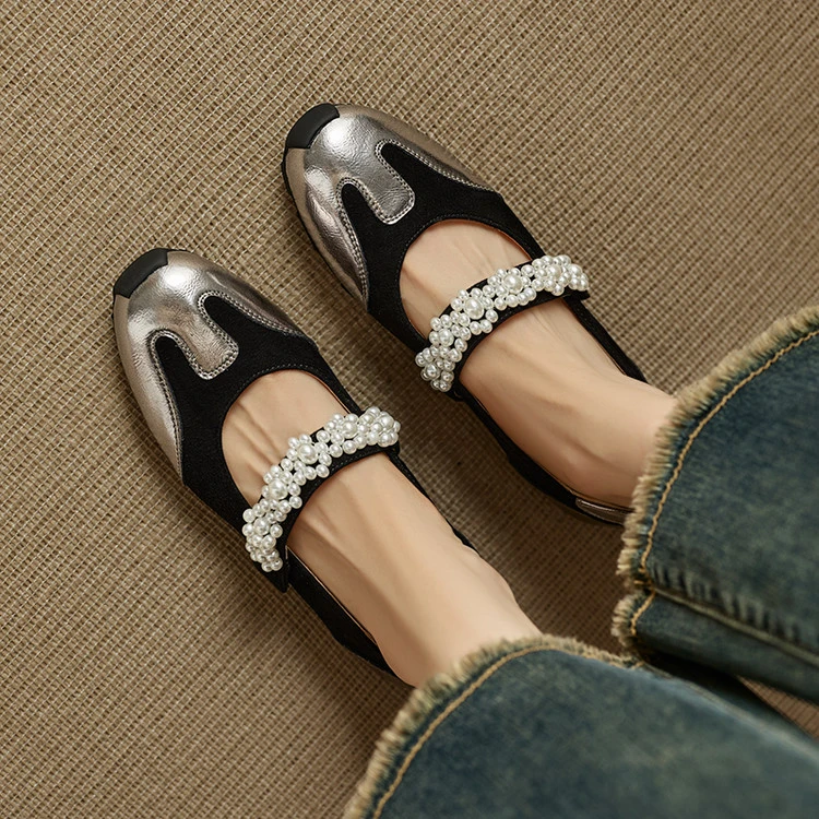 牛皮+羊翻皮1.5cm复古低跟舒适百搭珍珠串玛丽珍浅口单鞋粗跟新款