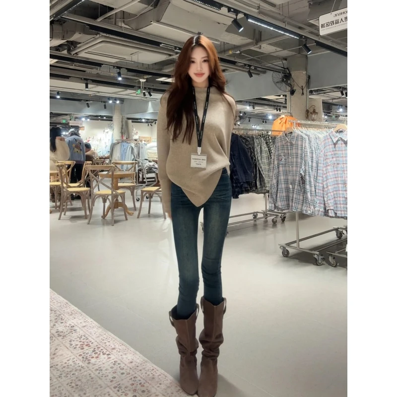 parkyeon秋冬新款韩系蝙蝠袖毛衣针织衫上衣女高腰显瘦牛仔裤套装