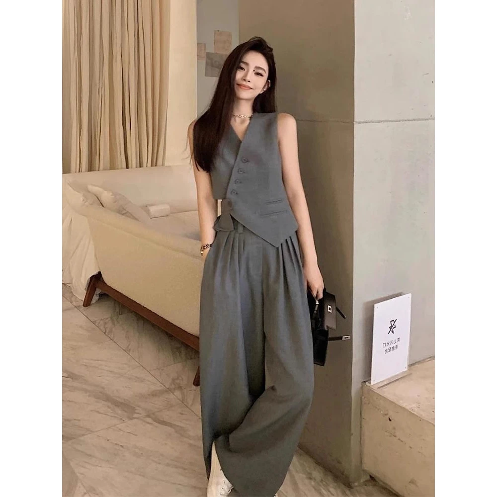 时尚炸街小香风阔腿裤套装减龄显瘦通勤韩版立体装饰马甲西装两件