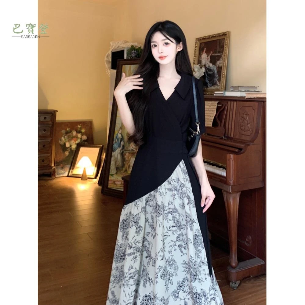 大码胖mm高级感法式气质收腰显瘦连衣裙女夏季碎花拼接不规浅蓝色