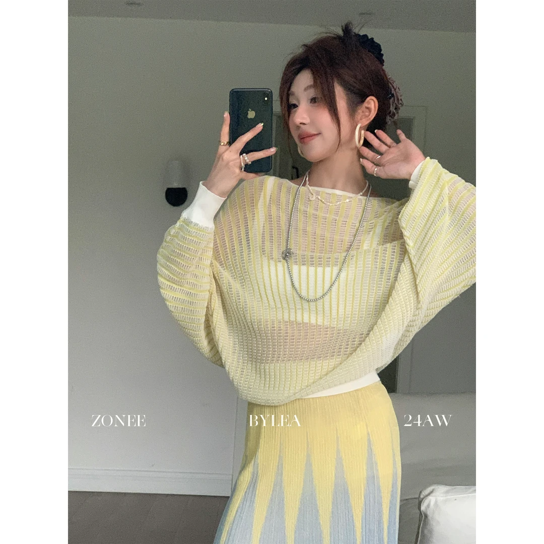 ZONEE 流动雕塑感 黑标系列 法式老钱黄色蝙蝠袖宽松弹力针织上衣