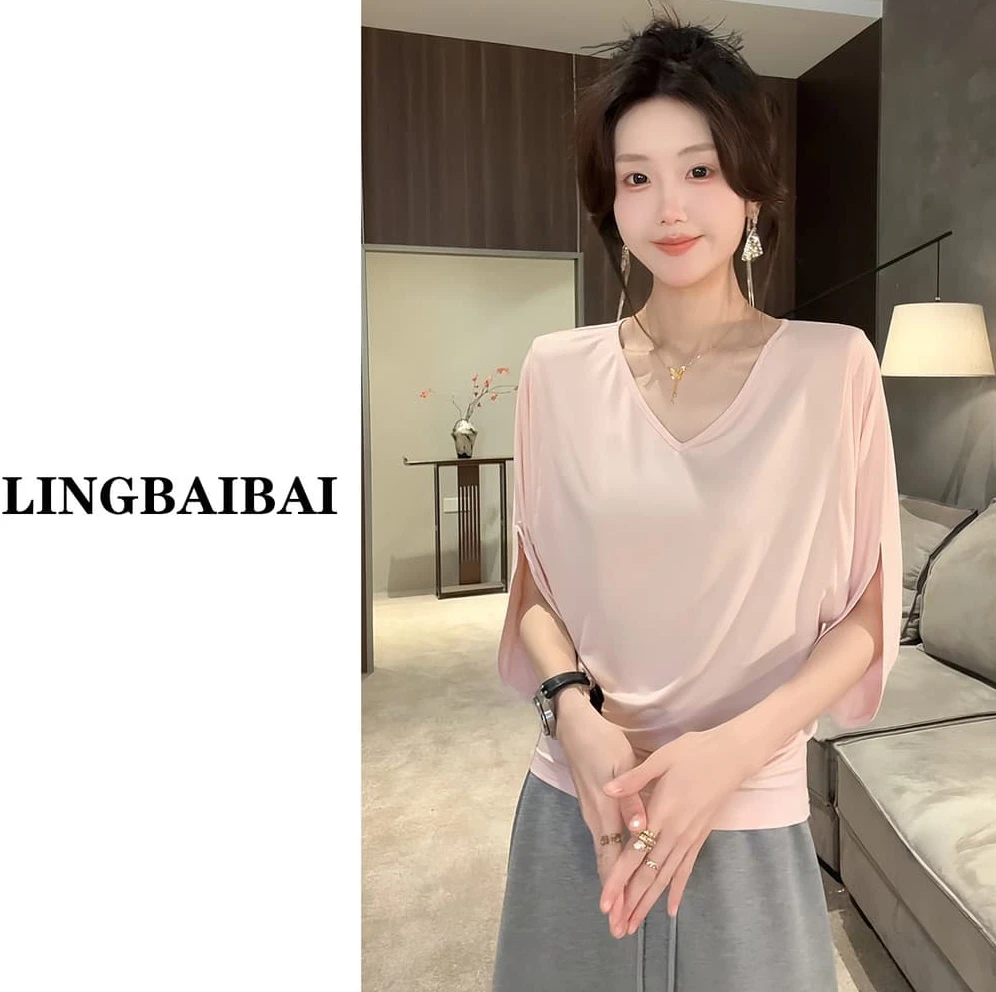 面膜感极简收腰垂感宽松袖子开叉夏季五分袖短袖T恤女