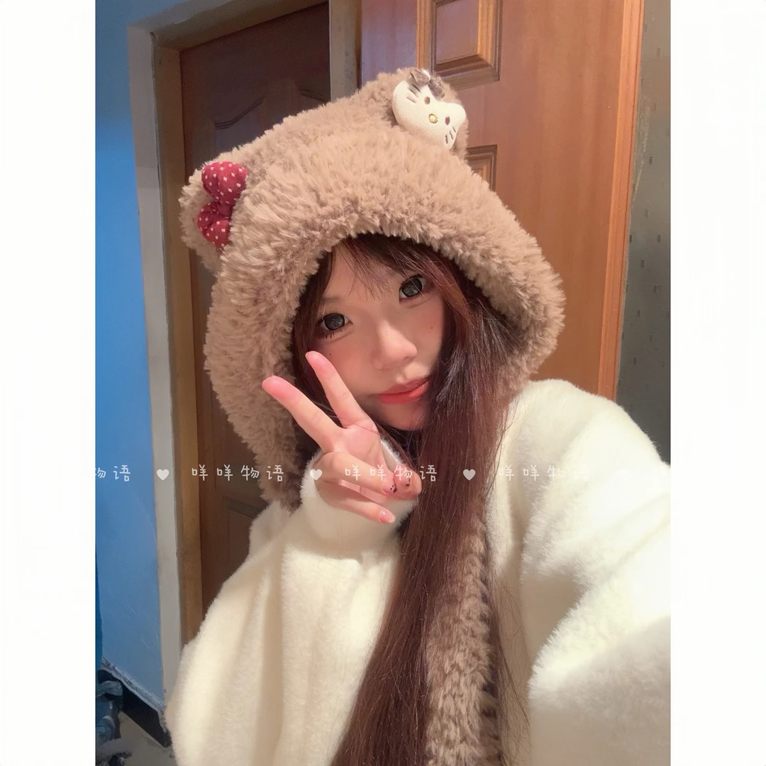 猫咪蝴蝶结小熊耳朵毛绒帽秋冬女显脸小针织护耳加厚防寒防风保暖