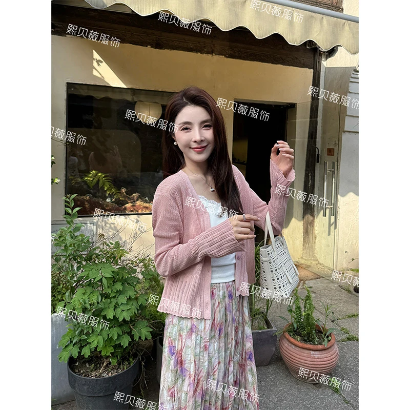 熙贝薇6 莱赛尔亚麻V领镂空针织衫新款透气喇叭袖防晒开衫 G7759