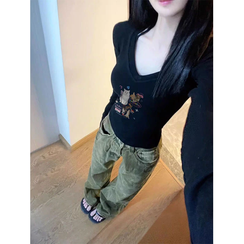 美式辣妹bm黑色V领掐腰打底上衣女春秋季新款修身显瘦内搭长袖t恤