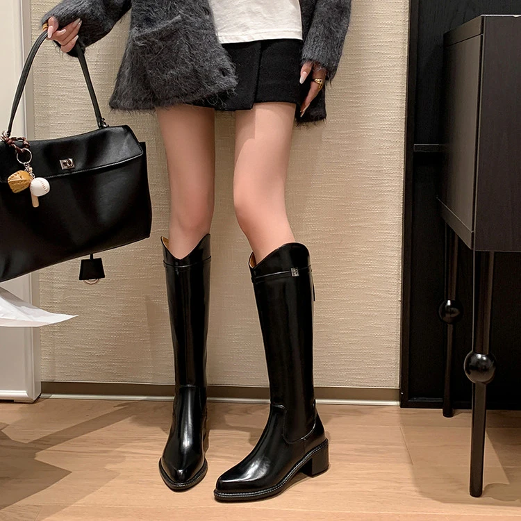 5cm【牛皮】2025洋气气质新款尖头长筒靴时装靴骑士女秋冬单/绒里