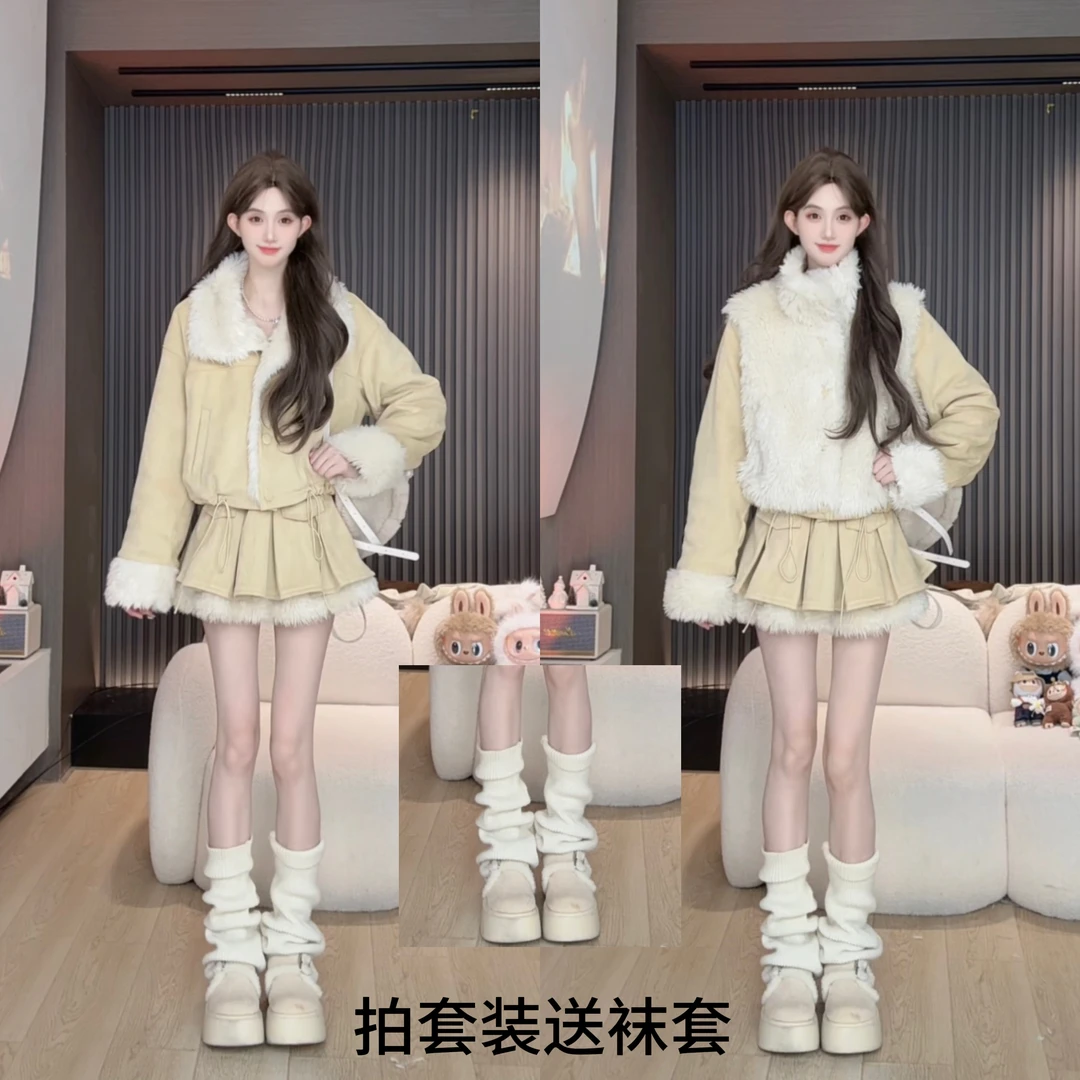 F胡萝卜【两面穿麂皮绒拼羔羔绒裙套装】冬季新款韩系新款潮牌