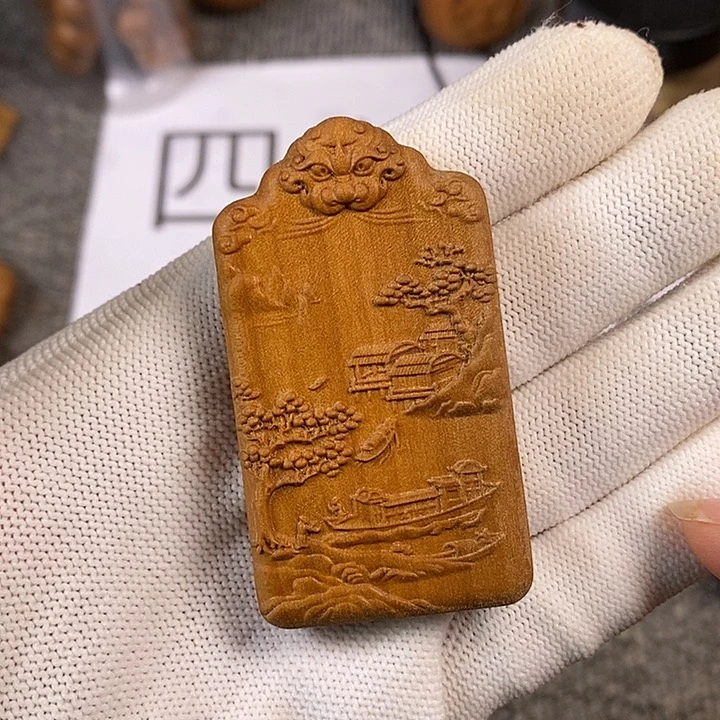 檀香木手串/手链老山檀香黑肉雕刻山水牌吊坠