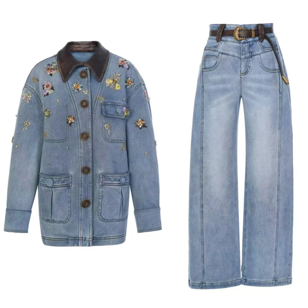 重工刺绣订珠蓝色牛仔夹棉外套牛仔裤