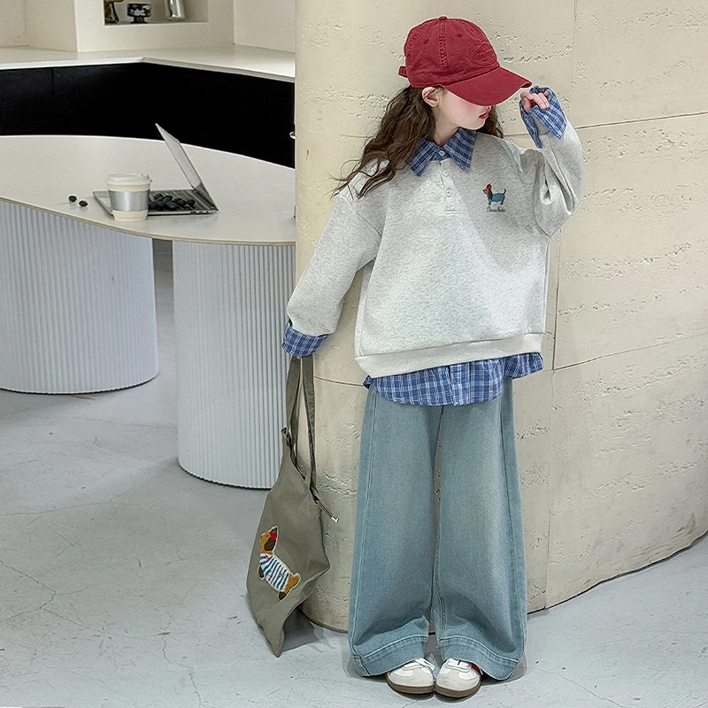 女童秋季卫衣拼接休闲长袖学院风polo洋气撞色女大童时尚两件套潮