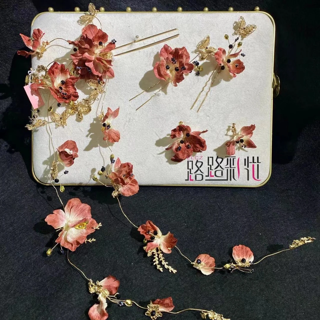 非金属亚克力婚庆饰品 仿真花红色秀禾饰品国风古典黑盒1181