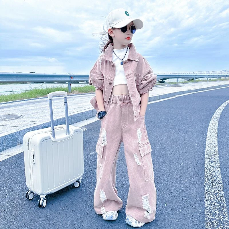 FAVMARTHA女大童春秋装牛仔套装2025新款儿童洋气炸街韩版工装阔