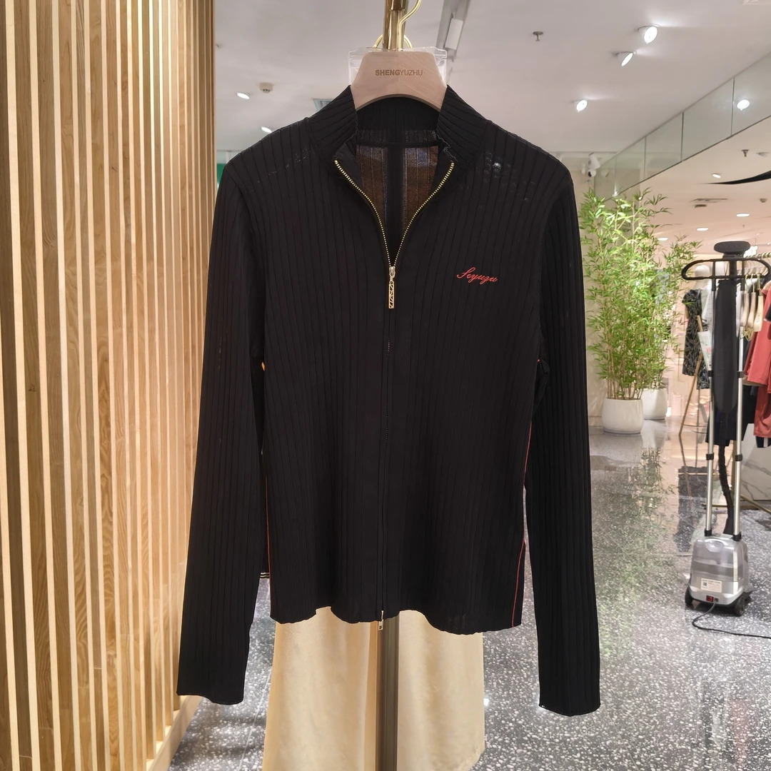 声雨竹7R739针织长袖拉链常规纯色毛衣立领百搭黑色修身上衣