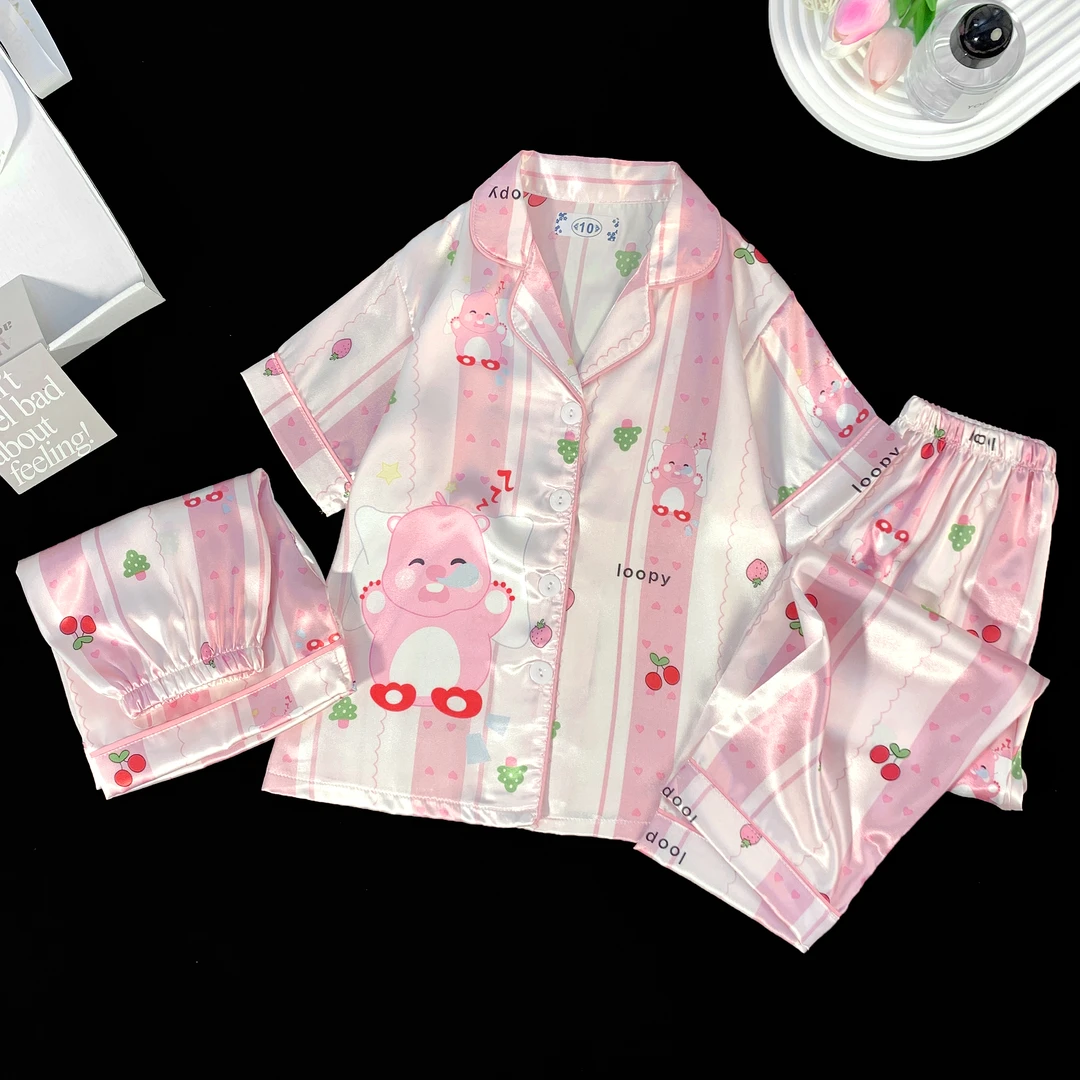 儿童睡衣夏季冰丝爆款短袖三件套女童卡通宝宝夏款大童女孩家居服