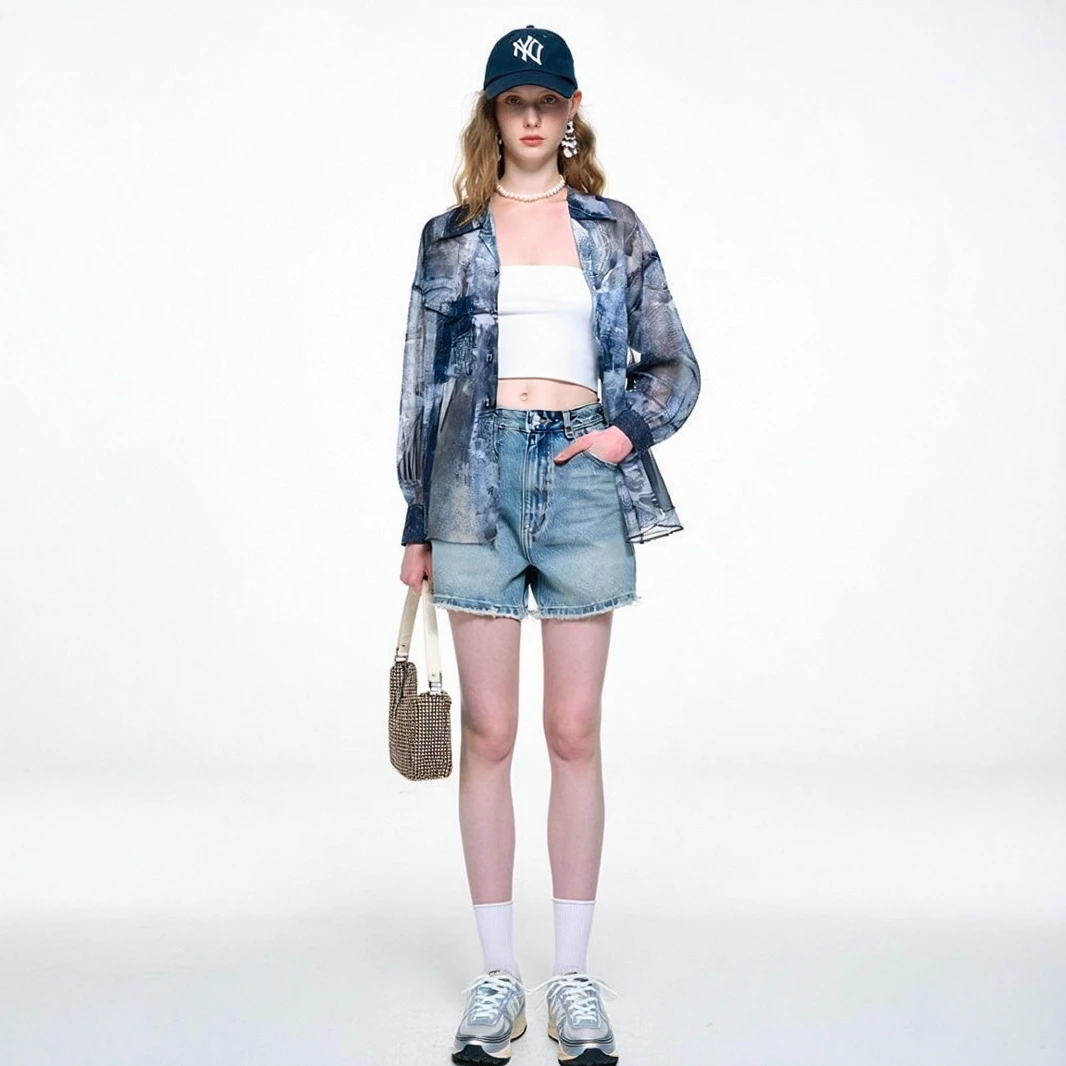 AHMI 透视扎染风宽松网纱衬衫女春夏季新款个性潮流时尚外搭上衣