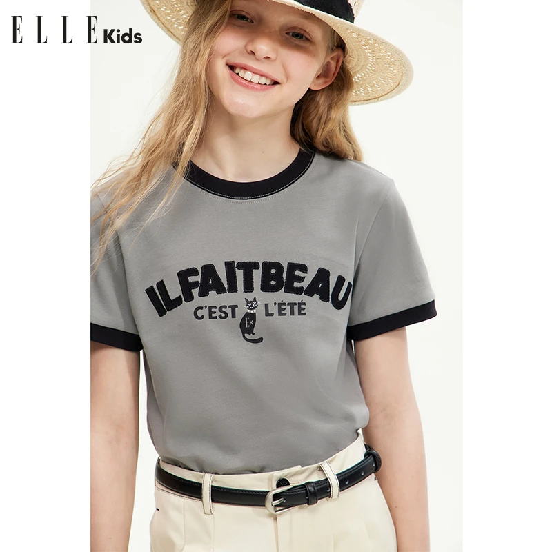 ELLE KIDS 贴布绣花短袖T恤女童夏季新款猫咪印花运动休闲上衣A2