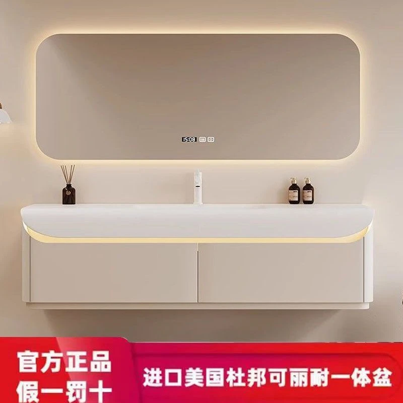 奶油风进口杜邦可丽耐肤感一体盆现代简约橡木浴室柜杜丽家洗漱台