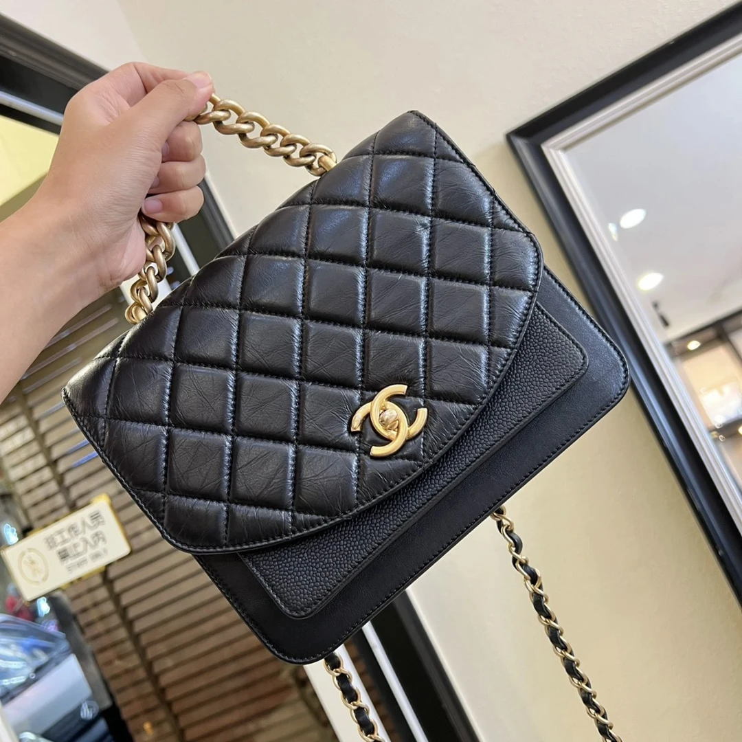 95新 Chanel/香奈儿 艾瑟尔奢品/黑金粗链邮差单肩包/7584