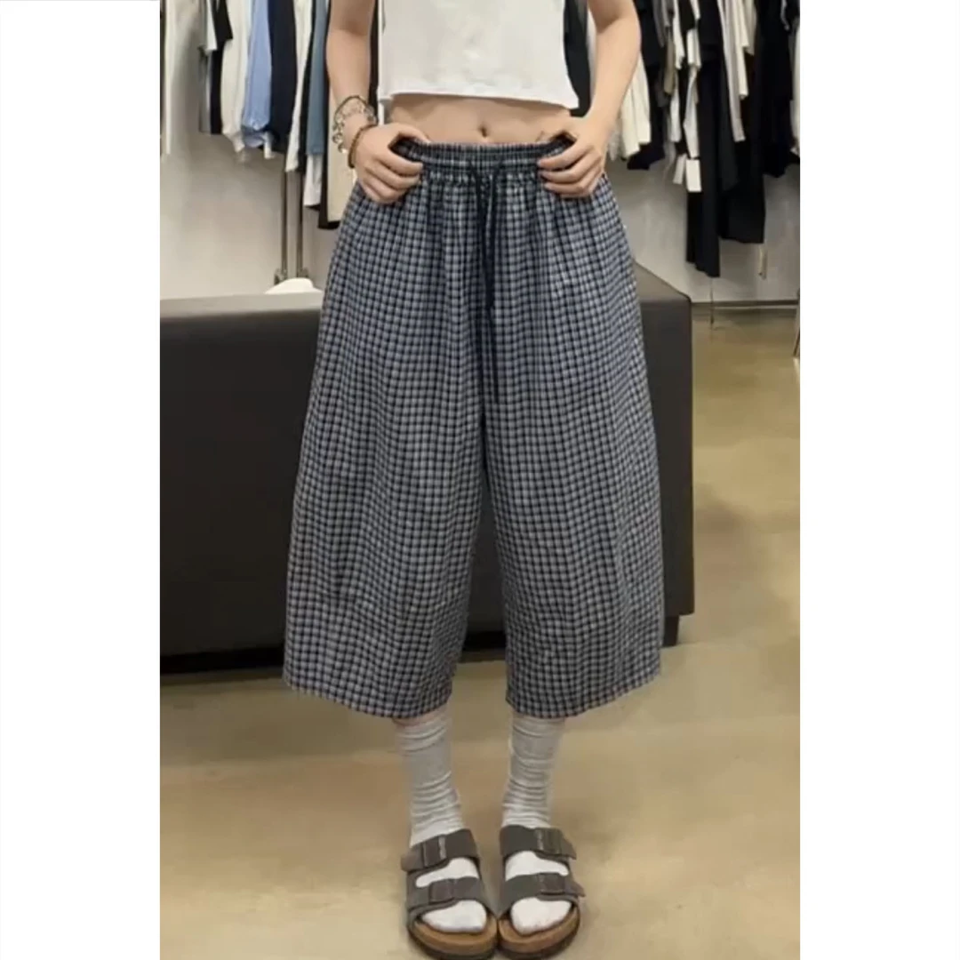 艾塔莉阔腿显瘦格子宽松夏季复古韩版薄款休闲裤阔腿裤直筒七分裤