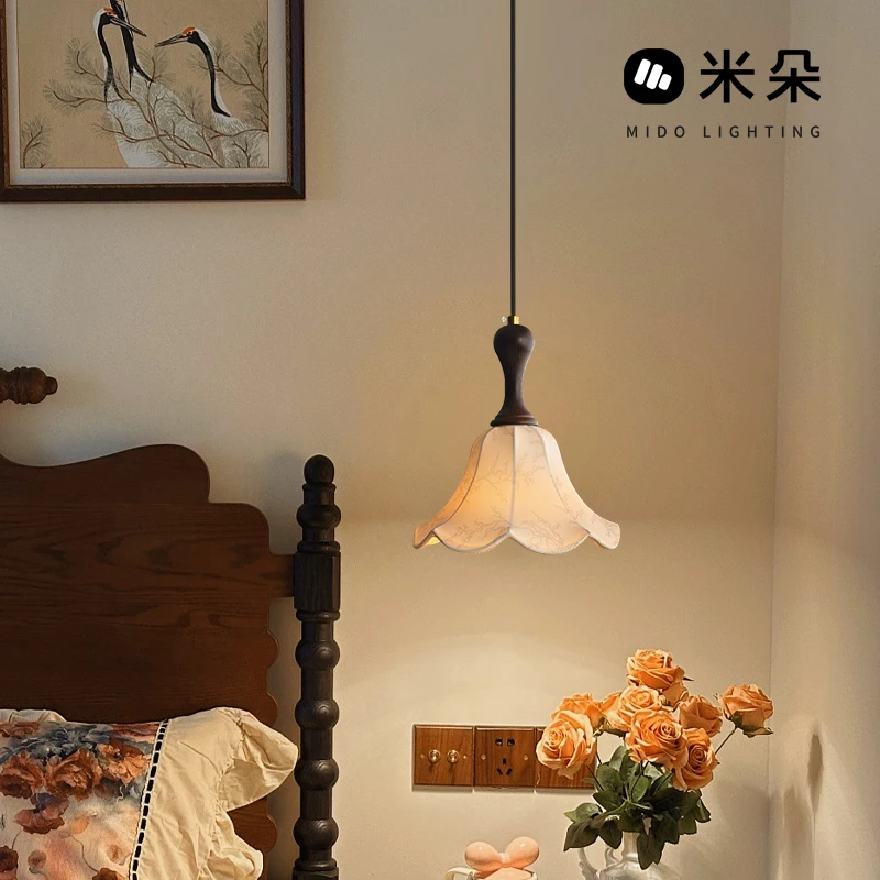 中古风卧室床头吊灯法式复古花朵布艺氛围灯餐厅吧台可升降小吊灯