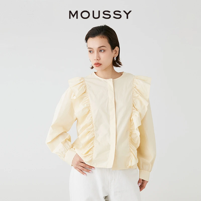 MOUSSY新品日系甜美荷叶边纯棉长袖圆领长袖衬衫028HSZ30-0431