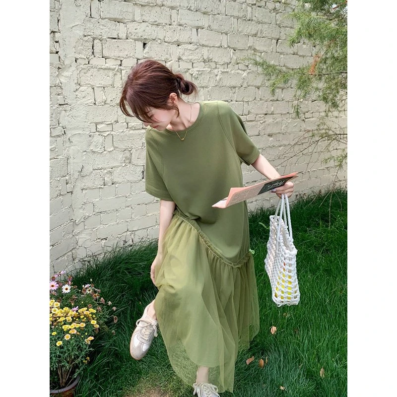 特大码2-300斤胖MM绿色森系设计感假两件网纱拼接t恤长裙夏连衣裙