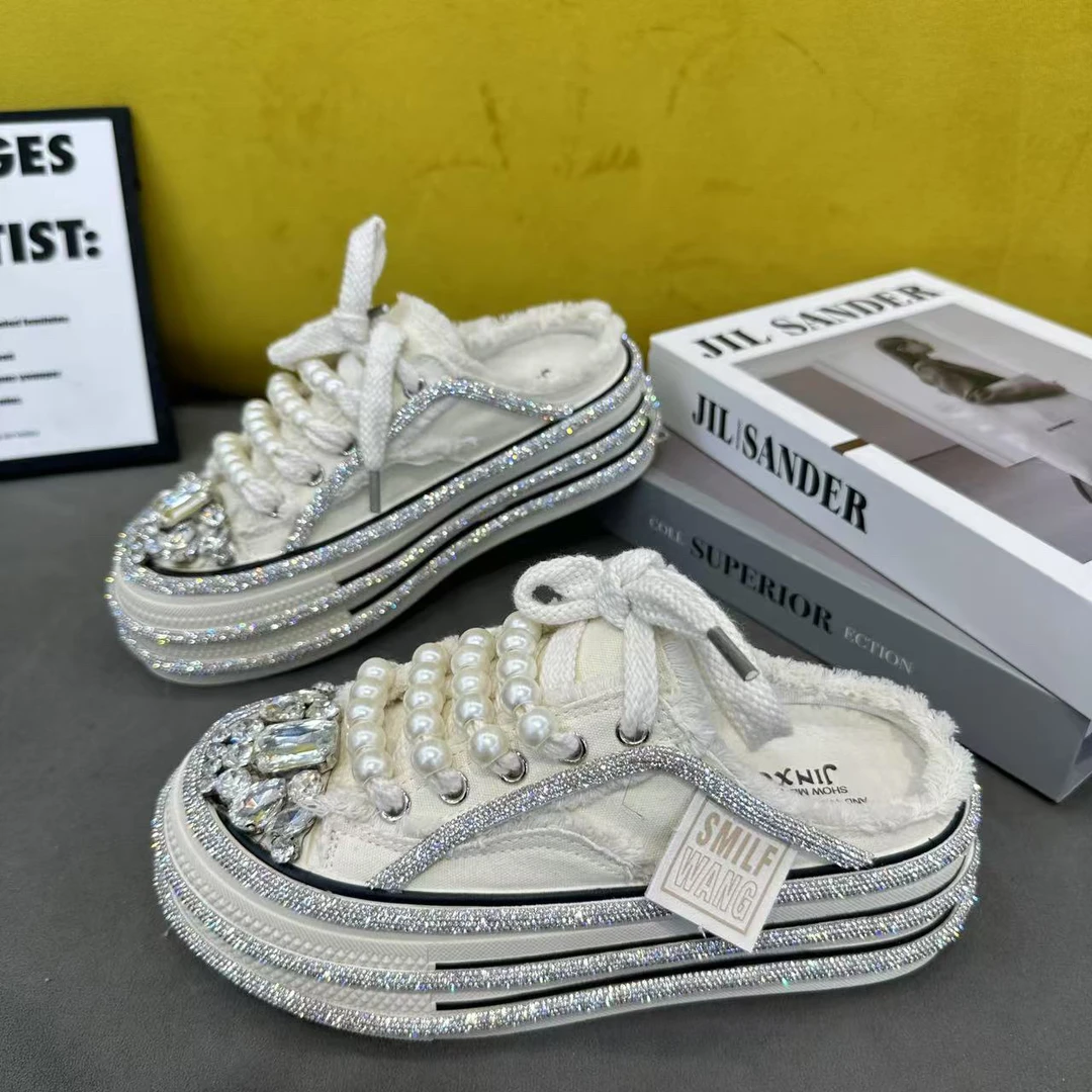 韩版水钻时尚厚底板鞋女2025休闲鞋透气运动爆款百搭增高小白鞋