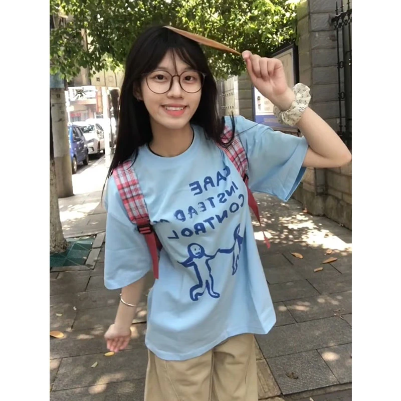 夏季纯棉短袖T恤女美式复古oversize宽松印花圆领上衣小众设计感