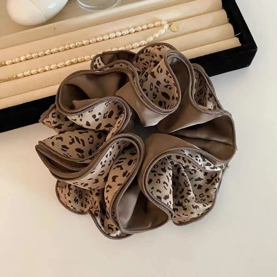 个性豹纹四层锁边缎面大肠发圈新款轻奢时尚百丸子头扎马尾2883