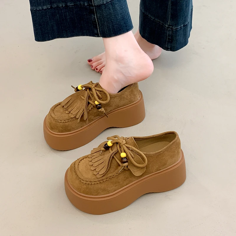 女款全包勃肯鞋小个子复古流苏系带2025秋季新款厚底增高乐福单鞋